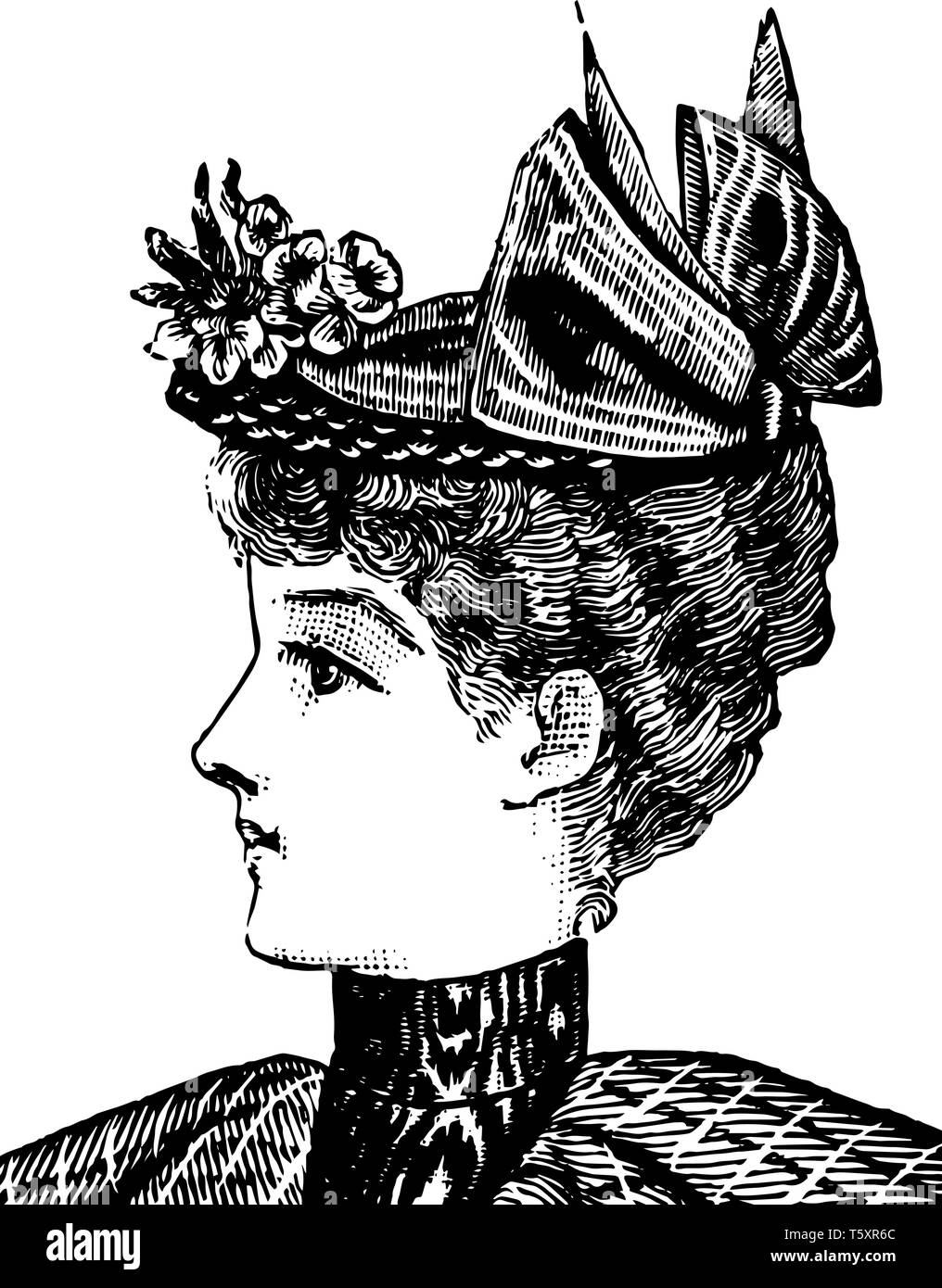 Fine del XIX secolo Hat è progettato con un piccolo bouquet di fiori, vintage disegno della linea di incisione o illustrazione. Illustrazione Vettoriale