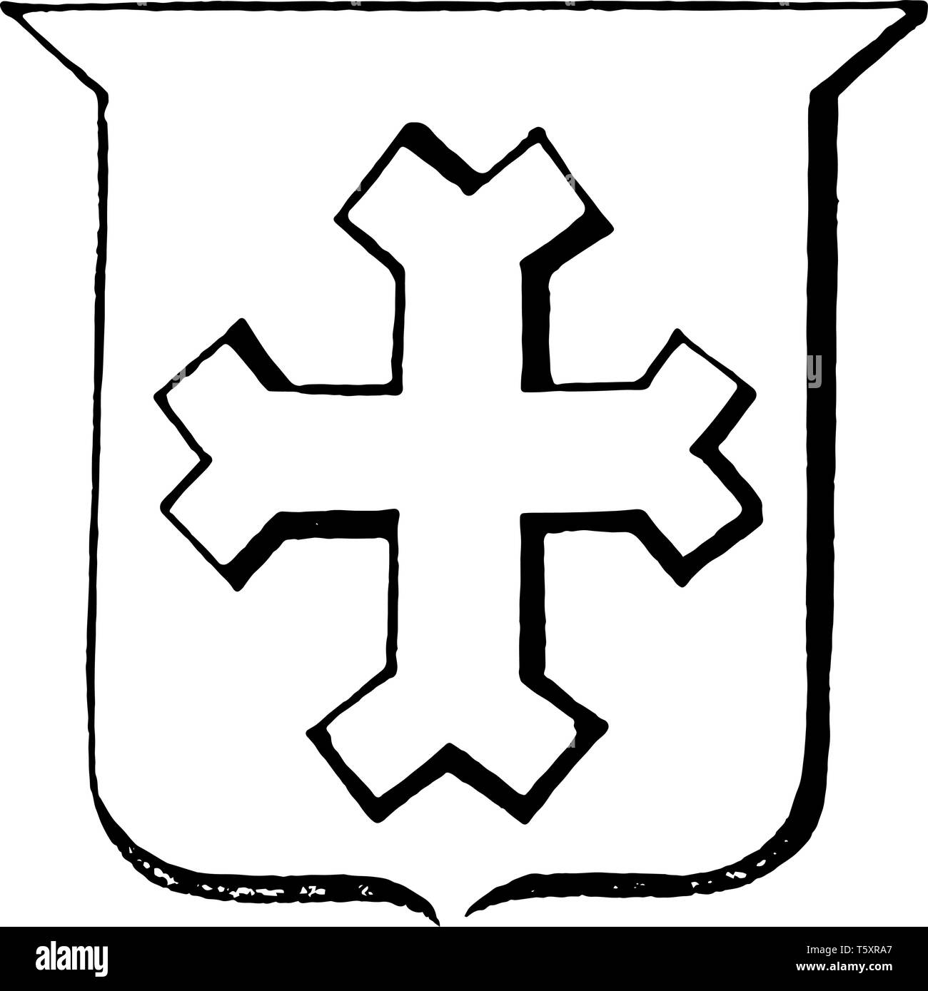 Croce Fourch avente le estremità divisa in due detti di ogni cuscinetto, vintage disegno della linea di incisione o illustrazione. Illustrazione Vettoriale