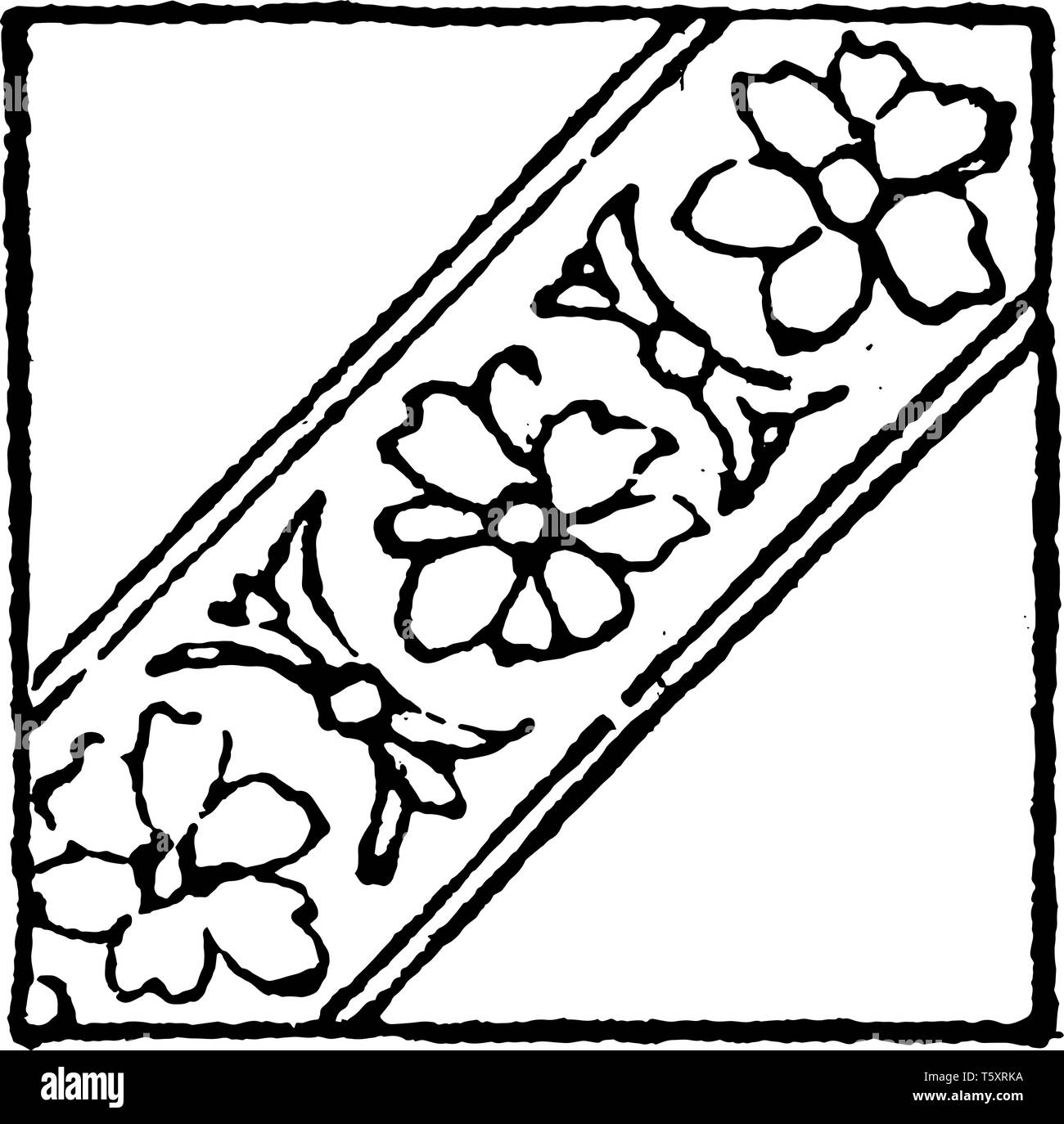 Floral Bend Sinister Damaskeening è un inverso di una curva standard, un ordinario in araldica, vintage disegno della linea di incisione o illustrazione. Illustrazione Vettoriale