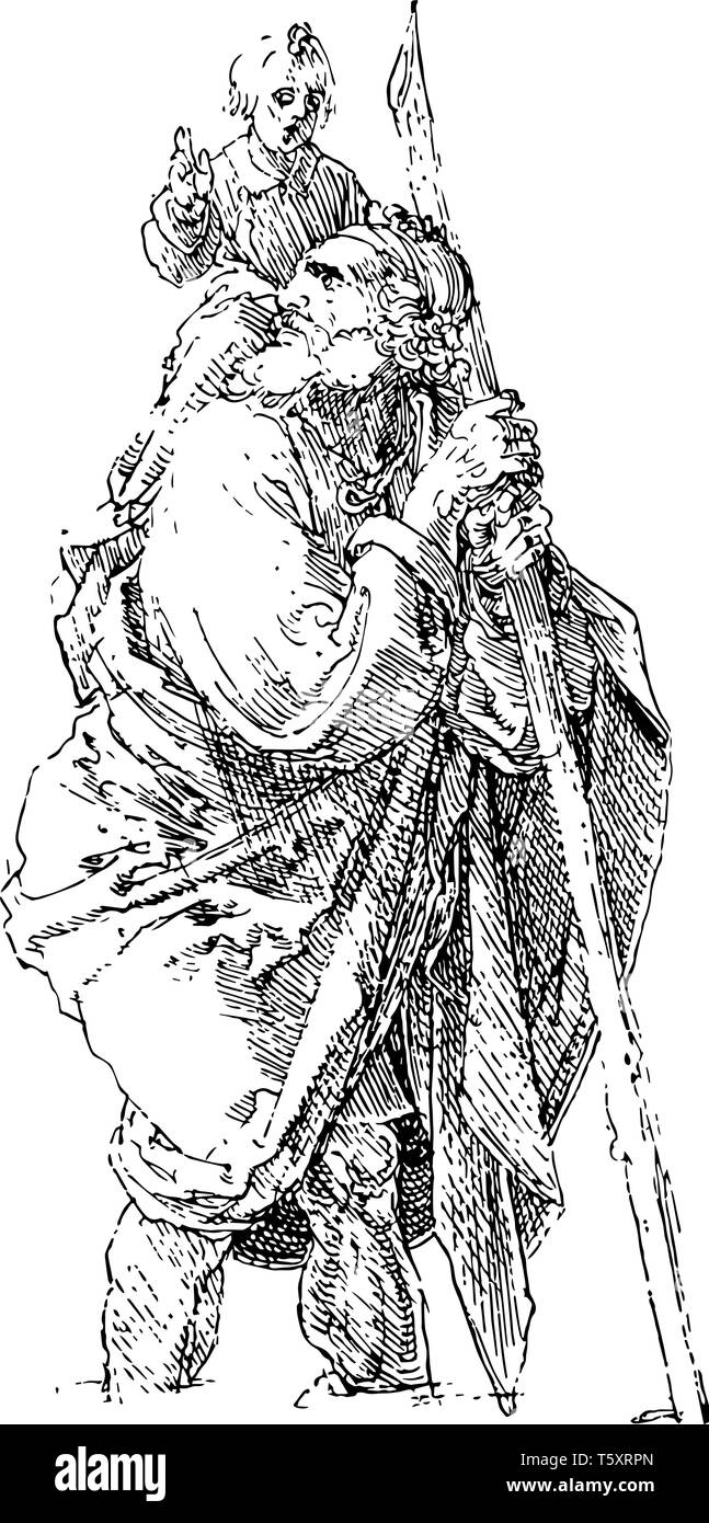 San Cristoforo dall'artista tedesco Albrecht Dürer è diffuso nella Chiesa occidentale e i monasteri sono stati nominati dopo di lui dal VII secolo, vintage l Illustrazione Vettoriale