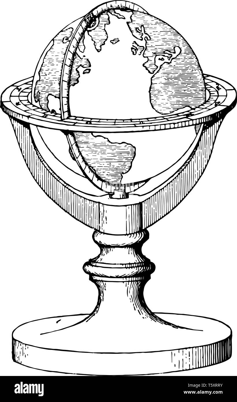 Globo terrestre di una sfera artificiale, la rappresentazione della superficie della terra, studi sociali, vintage disegno della linea di incisione o illustrazione. Illustrazione Vettoriale