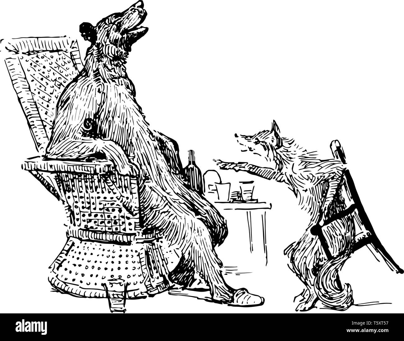 L'orso seduto su una sedia vicino al tavolo e la fox seduto sulla poltrona di fronte a lui e prelievo qualcosa dalla tabella, bicchieri e vasi conservati su tavola, vi Illustrazione Vettoriale
