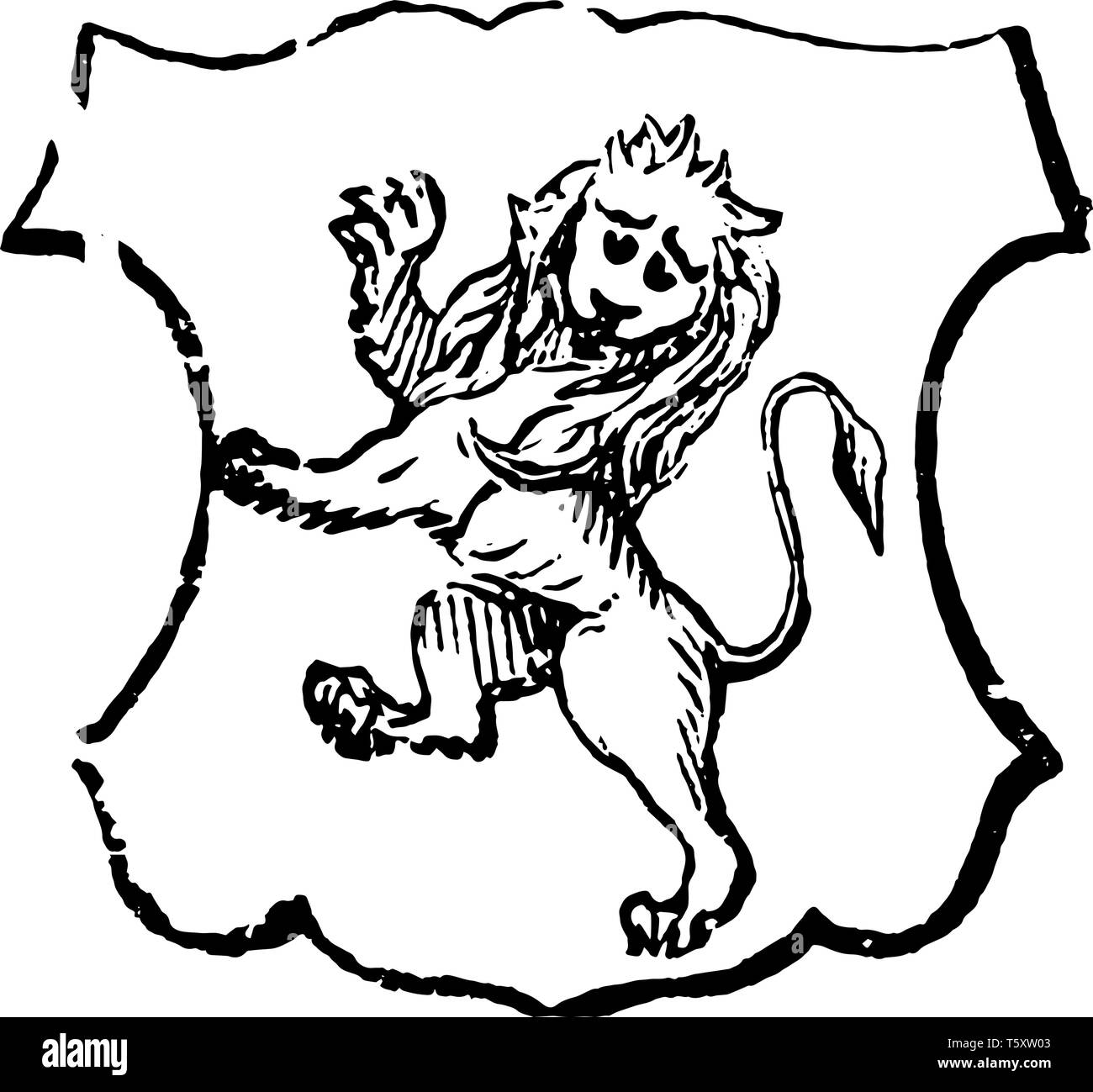 Leone rampante Gardant è tradizionalmente simboleggia il coraggio, vintage disegno della linea di incisione o illustrazione. Illustrazione Vettoriale
