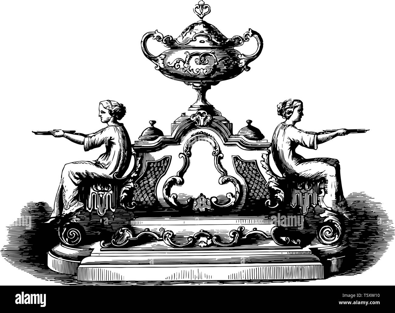 Inkstand è progettato in un Louis Quatorze,stile XVII secolo XVIII secolo, vaso coperta, Luigi XIV, figure sedute, vassoio, vintage disegno della linea o eng Illustrazione Vettoriale