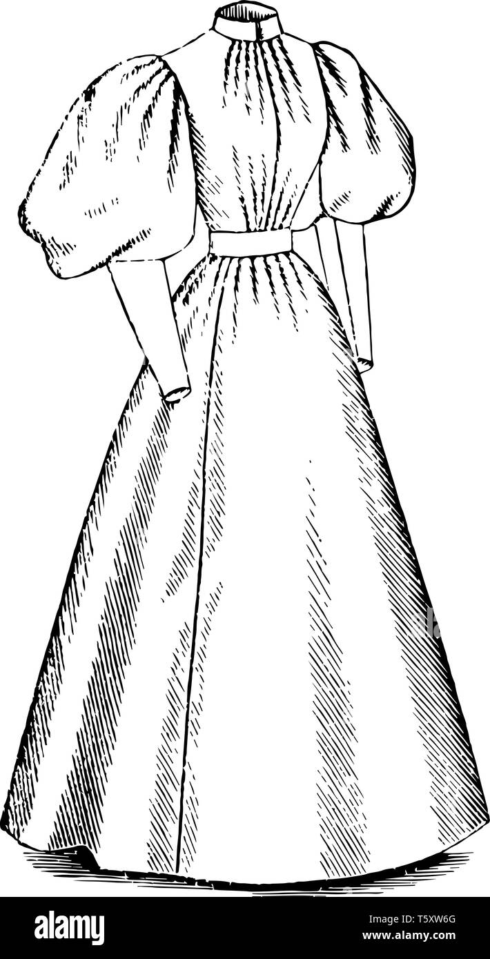 Fine del XIX secolo il vestito è un colletto circolare abiti lunghi, vintage disegno della linea di incisione o illustrazione. Illustrazione Vettoriale