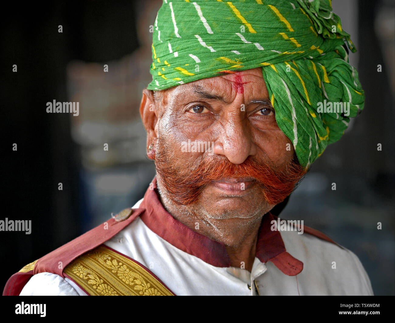 Anziani di Rajasthani indiano la guardia di sicurezza con henna-tinto friendly basette lunghe e Verde turbante di Rajasthani (pagari) pone per la fotocamera. Foto Stock