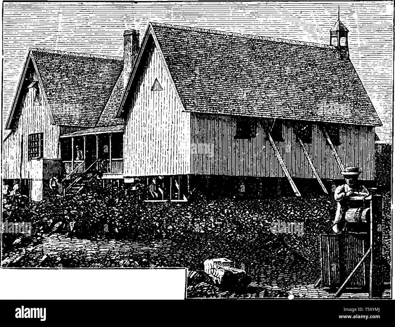 Il vescovo Patteson casa in Norfolk Island che è stato scelto come primo Vescovo di Melanesia, vintage disegno della linea di incisione o illustrazione. Illustrazione Vettoriale
