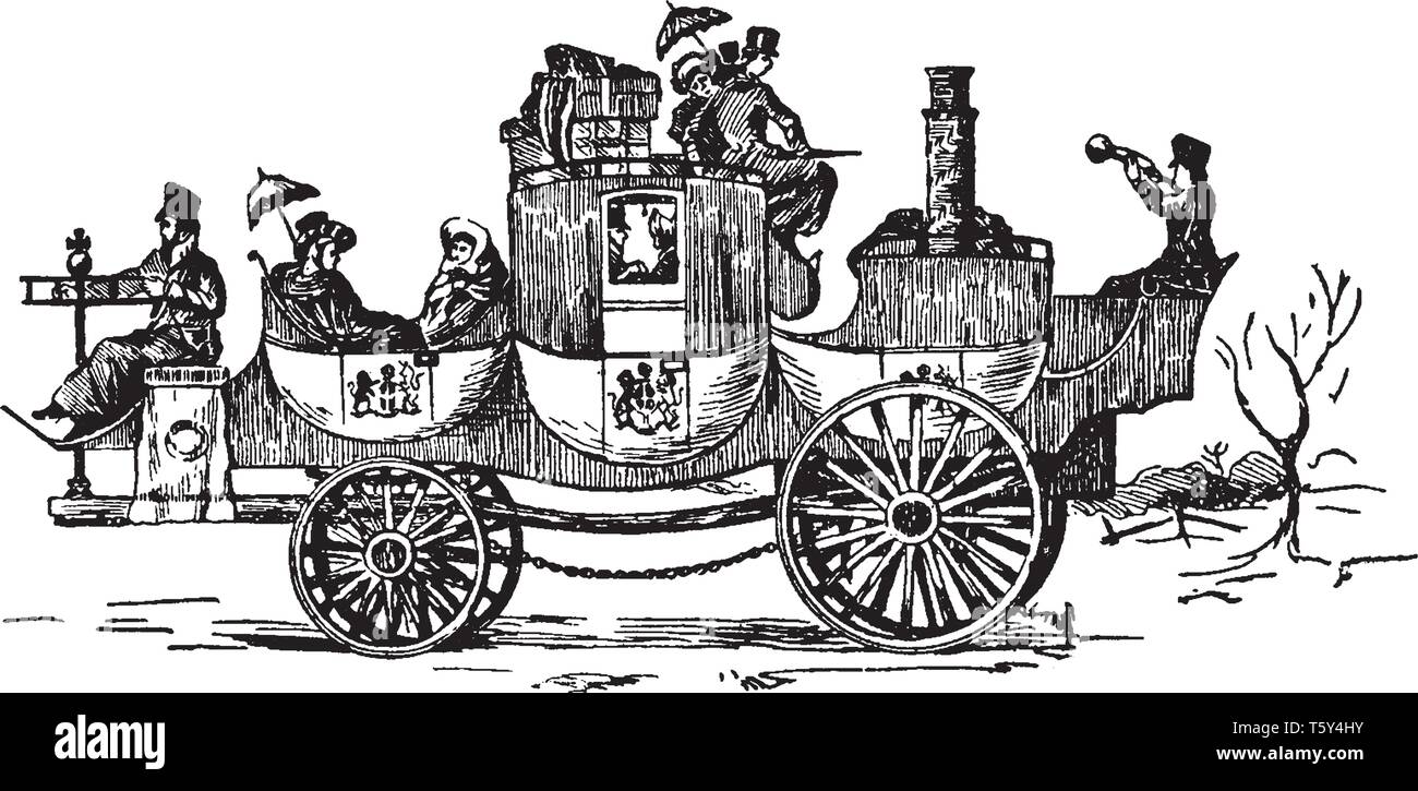 Notevole Coach inventato circa 1829 da un uomo di nome Giacomo e fu il primo pratico carrello vapore costruire, vintage disegno della linea o incisione illustrati Illustrazione Vettoriale