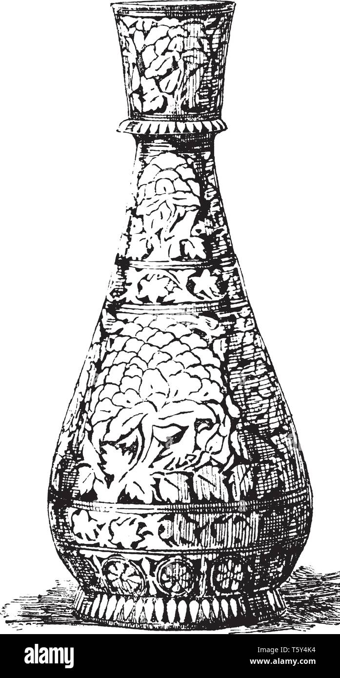 Hooka Bidree è stata sviluppata nel XIV secolo d.c. durante la regola del Bahamani Sultans, vintage disegno della linea di incisione o illustrazione. Illustrazione Vettoriale