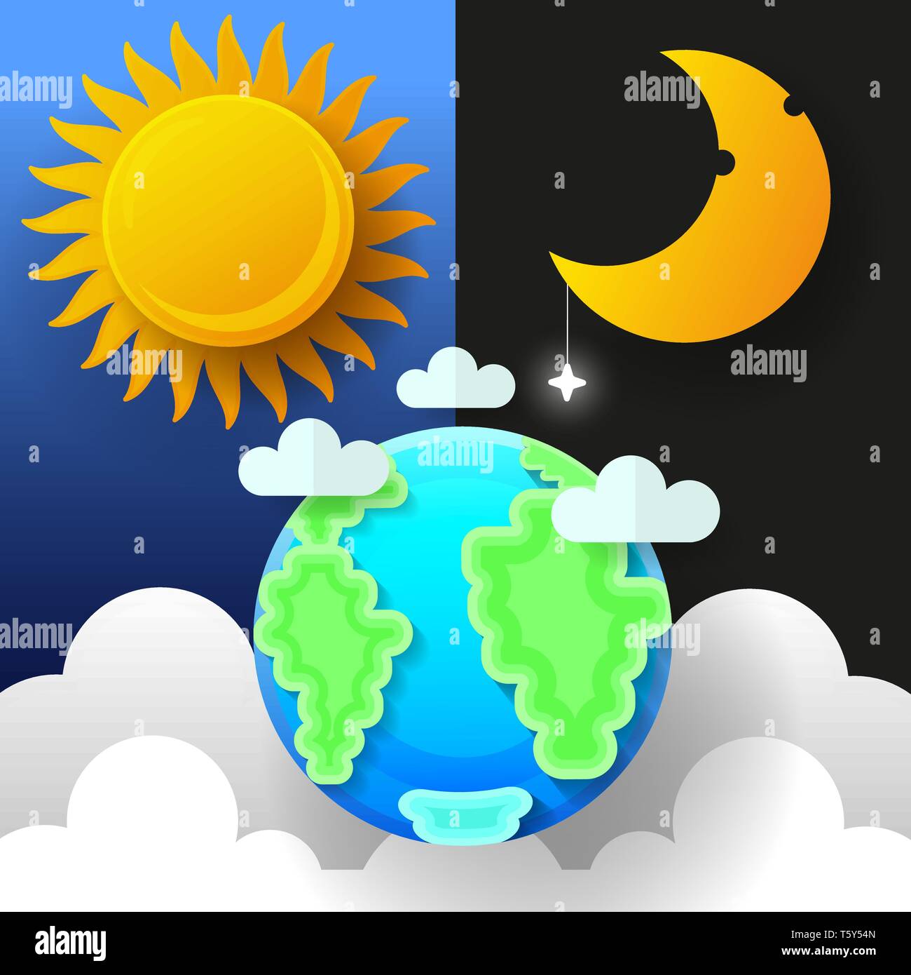 Il sole, la luna e le stelle. Giorno e Notte Banner vettore isolato. Illustrazione Vettoriale