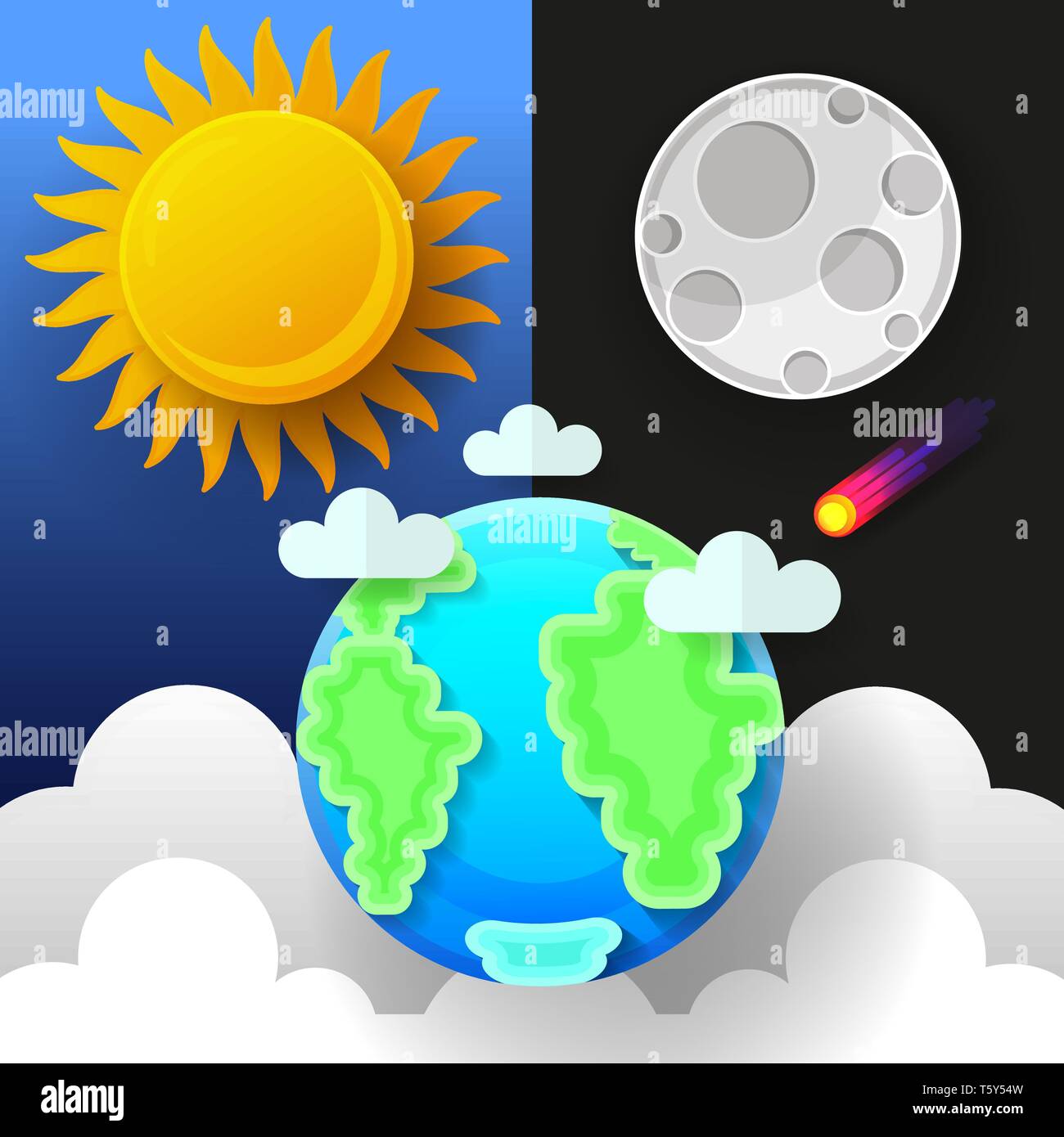 Il sole, la luna e le stelle. Giorno e Notte Banner vettore isolato. Illustrazione Vettoriale