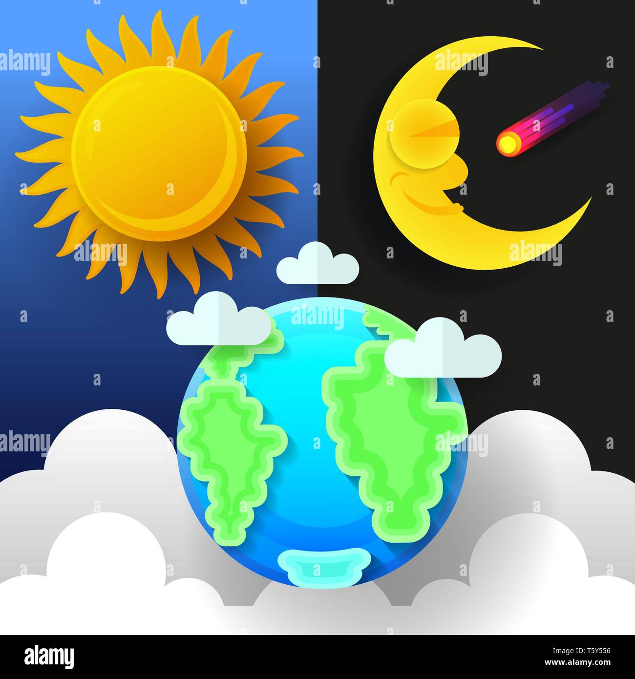 Il sole, la luna e le stelle. Giorno e Notte Banner vettore isolato. Illustrazione Vettoriale