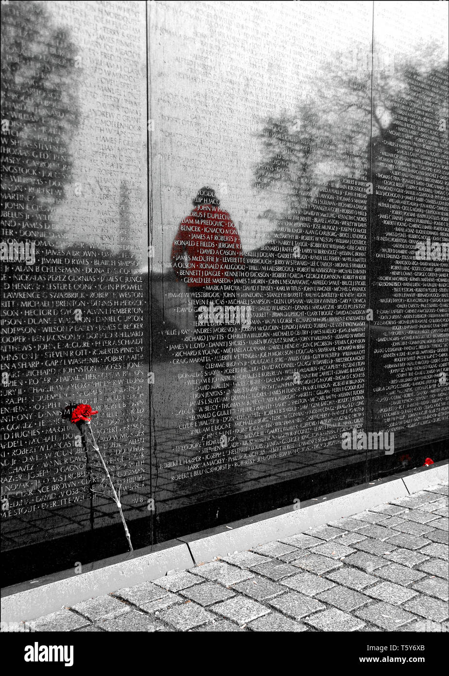 Vietnam Memorial con rose e la riflessione di un uomo Foto Stock