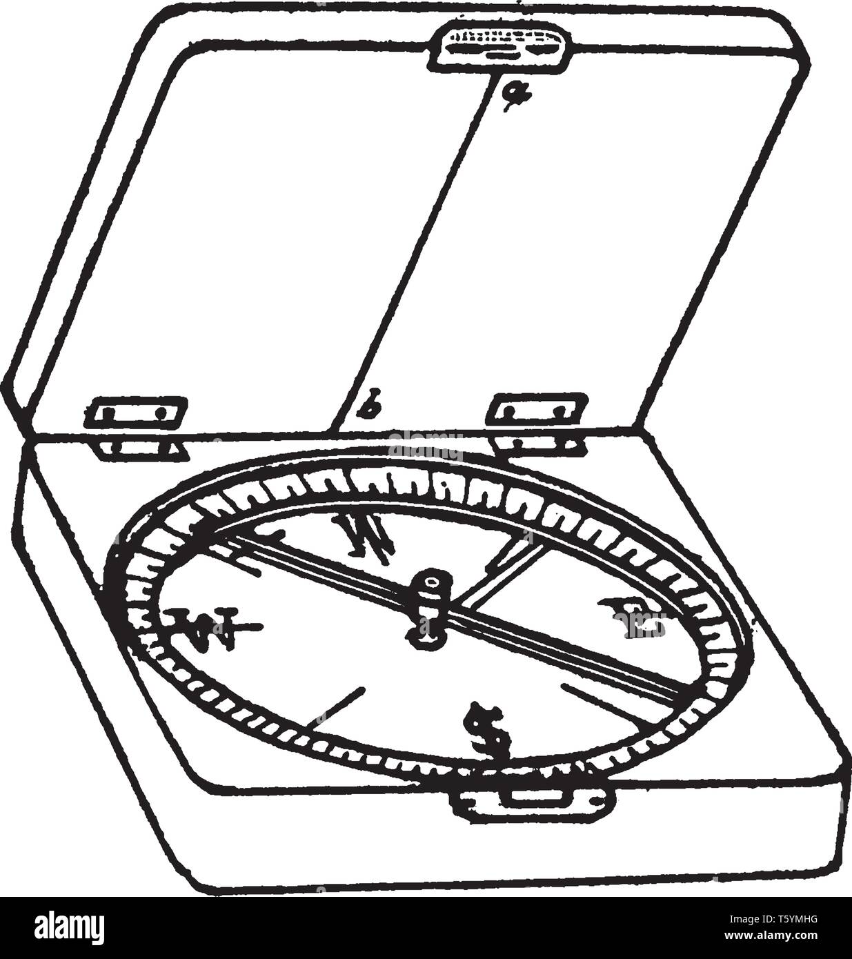 Bussola scatola come pure un cerchio graduato in gradi da zero a 360 gradi, vintage disegno della linea di incisione o illustrazione. Illustrazione Vettoriale