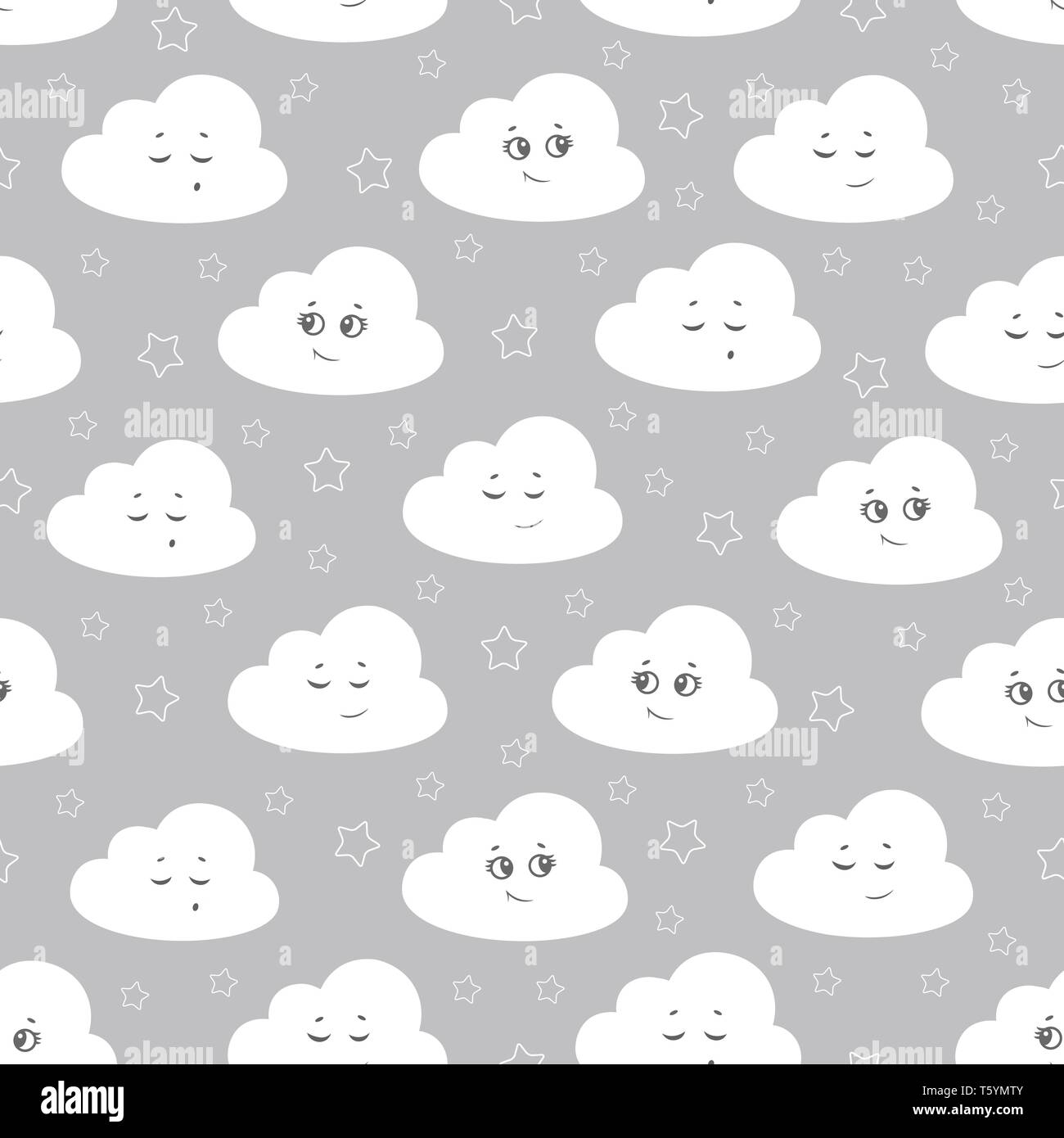 Illustrazione Vettoriale baby seamless pattern. Bambini seamless pattern con graziosi nuvole, stelle su sfondo grigio. Illustrazione Vettoriale