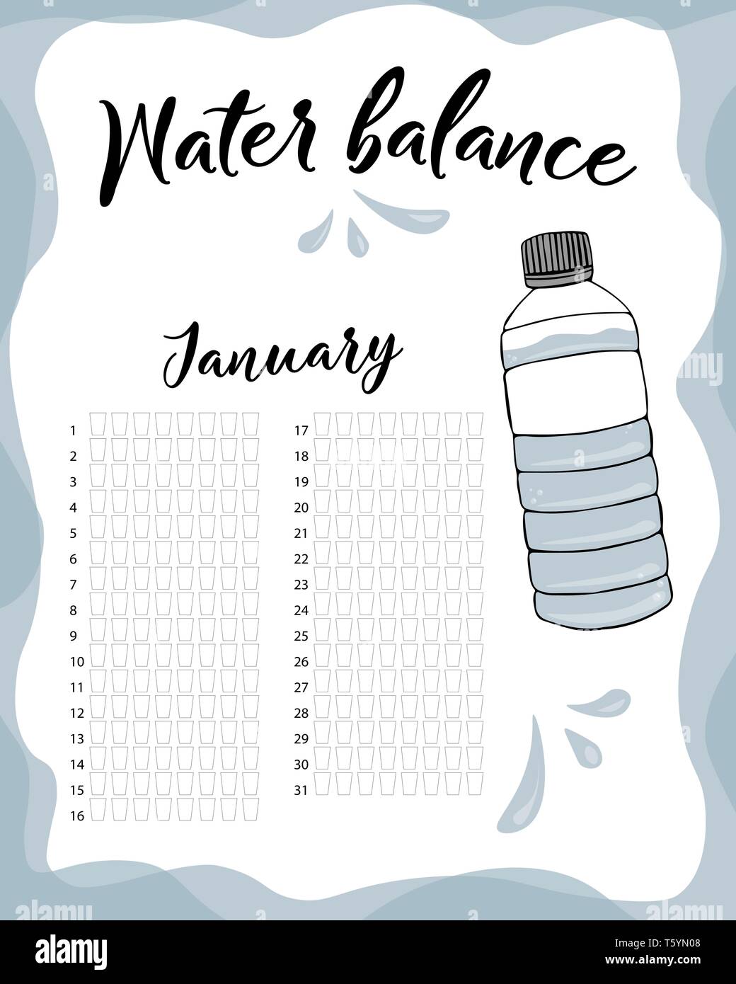 Consumo di acqua per la settimana e il mese di gennaio. Equilibrio idrico calendario del vettore. Acqua tracker mensile. Illustrazione Vettoriale