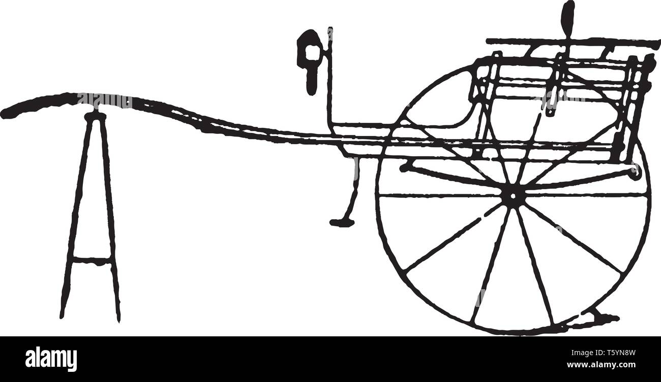 Villaggio carrello è un open a due ruote carrello piacere, vintage disegno della linea di incisione o illustrazione. Illustrazione Vettoriale