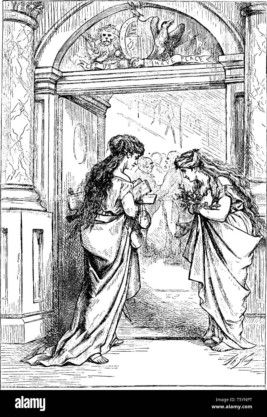 Due donne in piedi all'ingresso, vintage disegno della linea di incisione o illustrazione Illustrazione Vettoriale