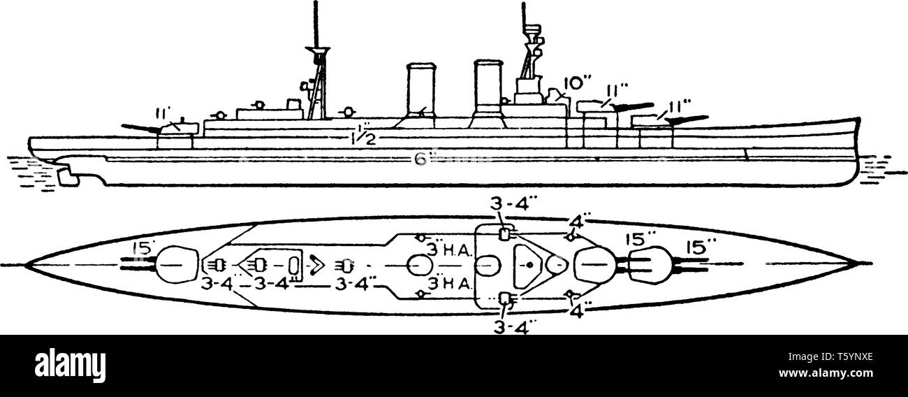 Marina Britannica Hood incrociatore da battaglia è stato usato come un anti siluro distruttore, vintage disegno della linea di incisione o illustrazione. Illustrazione Vettoriale