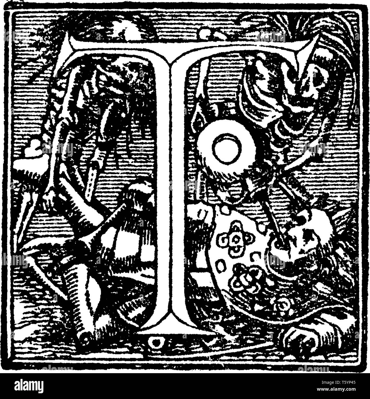 Una decorativa lettera T con uomo e due scheletri, vintage disegno della linea di incisione o illustrazione Illustrazione Vettoriale