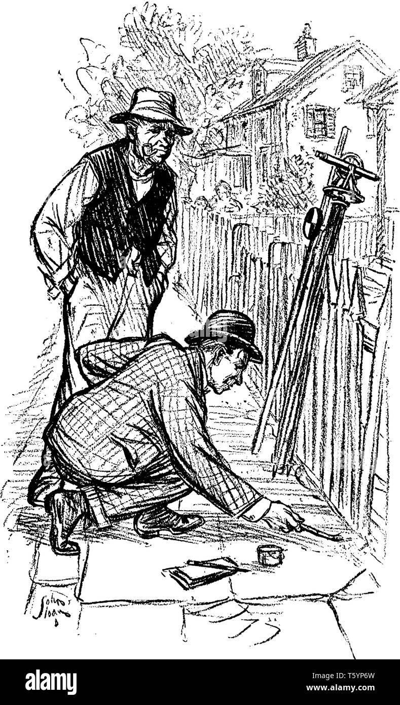 Due uomini disegno sul marciapiede, vintage disegno della linea di incisione o illustrazione Illustrazione Vettoriale