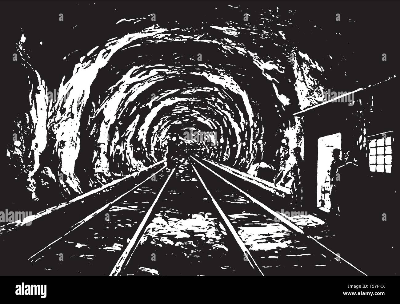Hoosac tunnel illuminato da lampade ad incandescenza dopo che il piano della Marr Società di costruzioni, vintage disegno della linea di incisione o illustrazione. Illustrazione Vettoriale