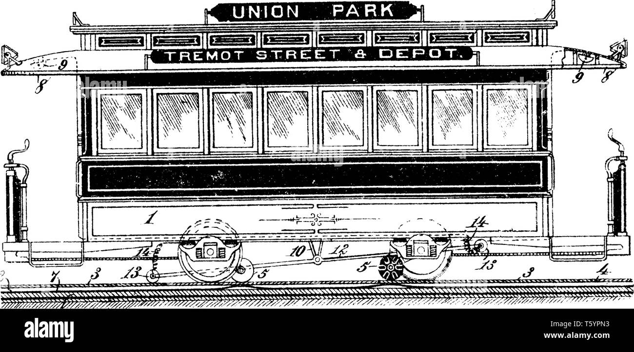 Unione ferroviaria parco auto su un sistema di trasporto ferroviario è un veicolo che è utilizzato per il trasporto di merci o passeggeri, vintage disegno della linea o incisione Illustrazione Vettoriale