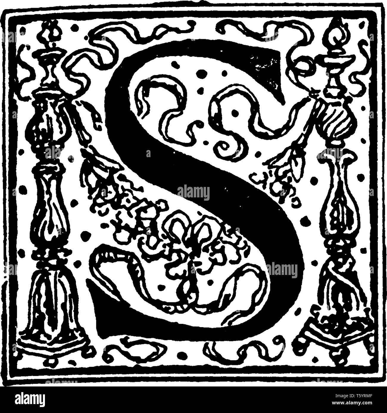 Un ornamento decorativo e la lettera S, vintage disegno della linea di incisione o illustrazione Illustrazione Vettoriale