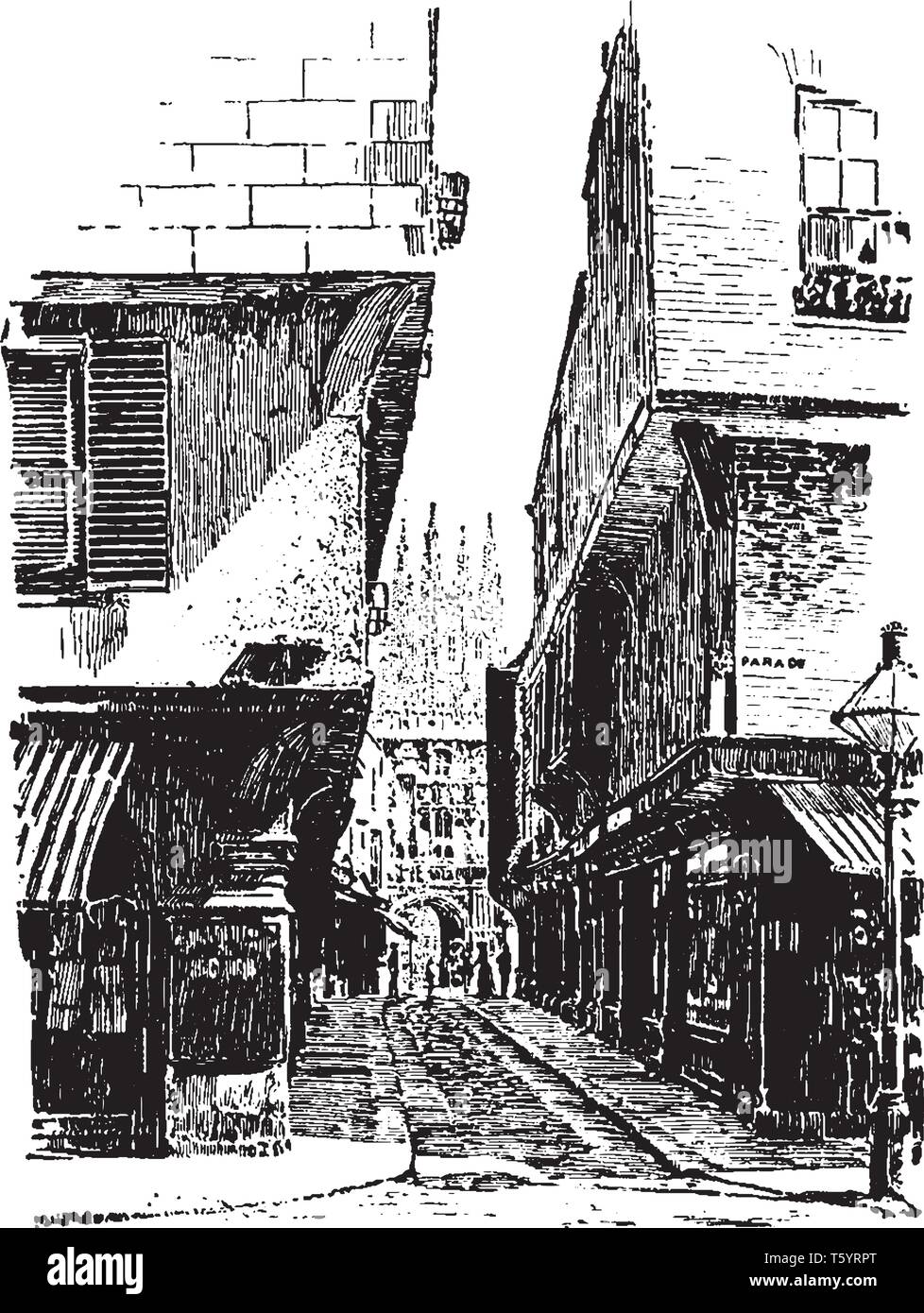 Il mercurio Lane è un approccio alla Cattedrale di Canterbury, vintage disegno della linea di incisione o illustrazione. Illustrazione Vettoriale