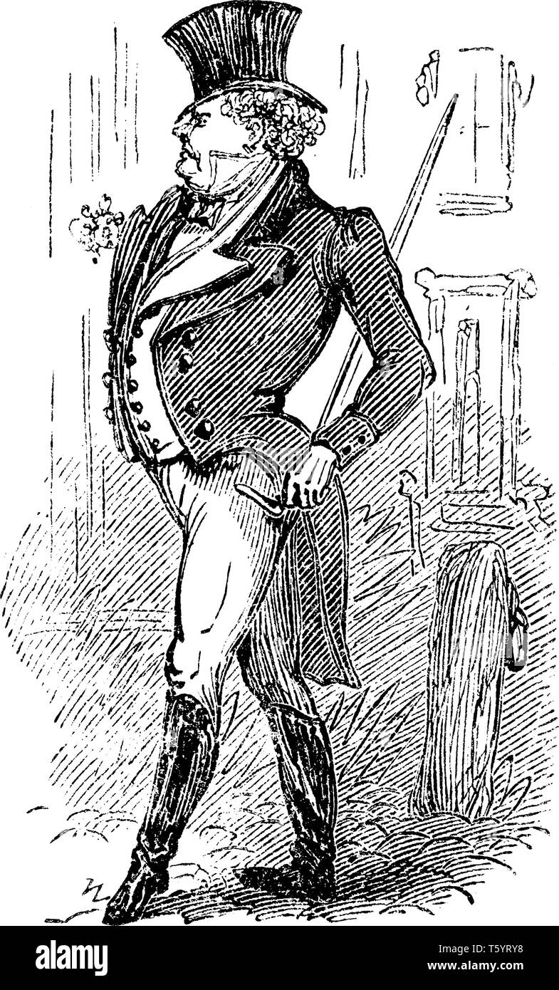 Un uomo ben vestito vestiti con il cappello sulla testa, vintage disegno della linea di incisione o illustrazione Illustrazione Vettoriale