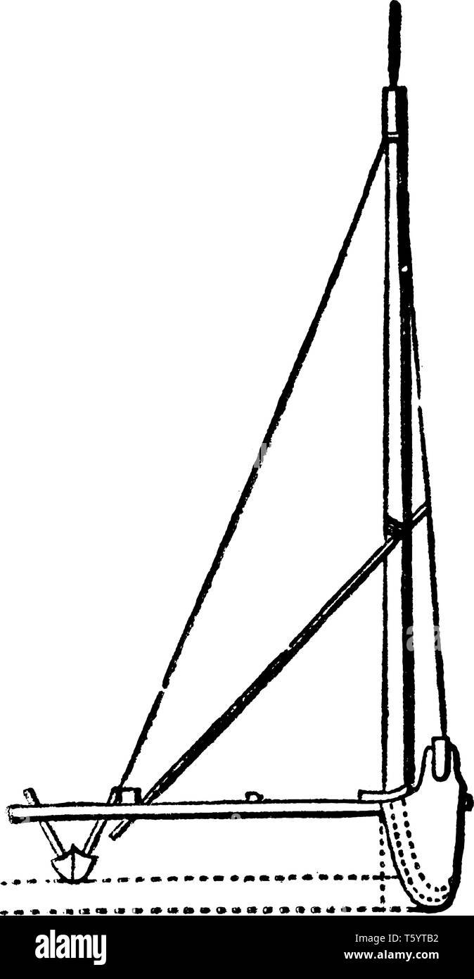 Una vista di estremità di Proa è un tipo di imbarcazione a vela con scafi multipli, vintage disegno della linea di incisione o illustrazione. Illustrazione Vettoriale