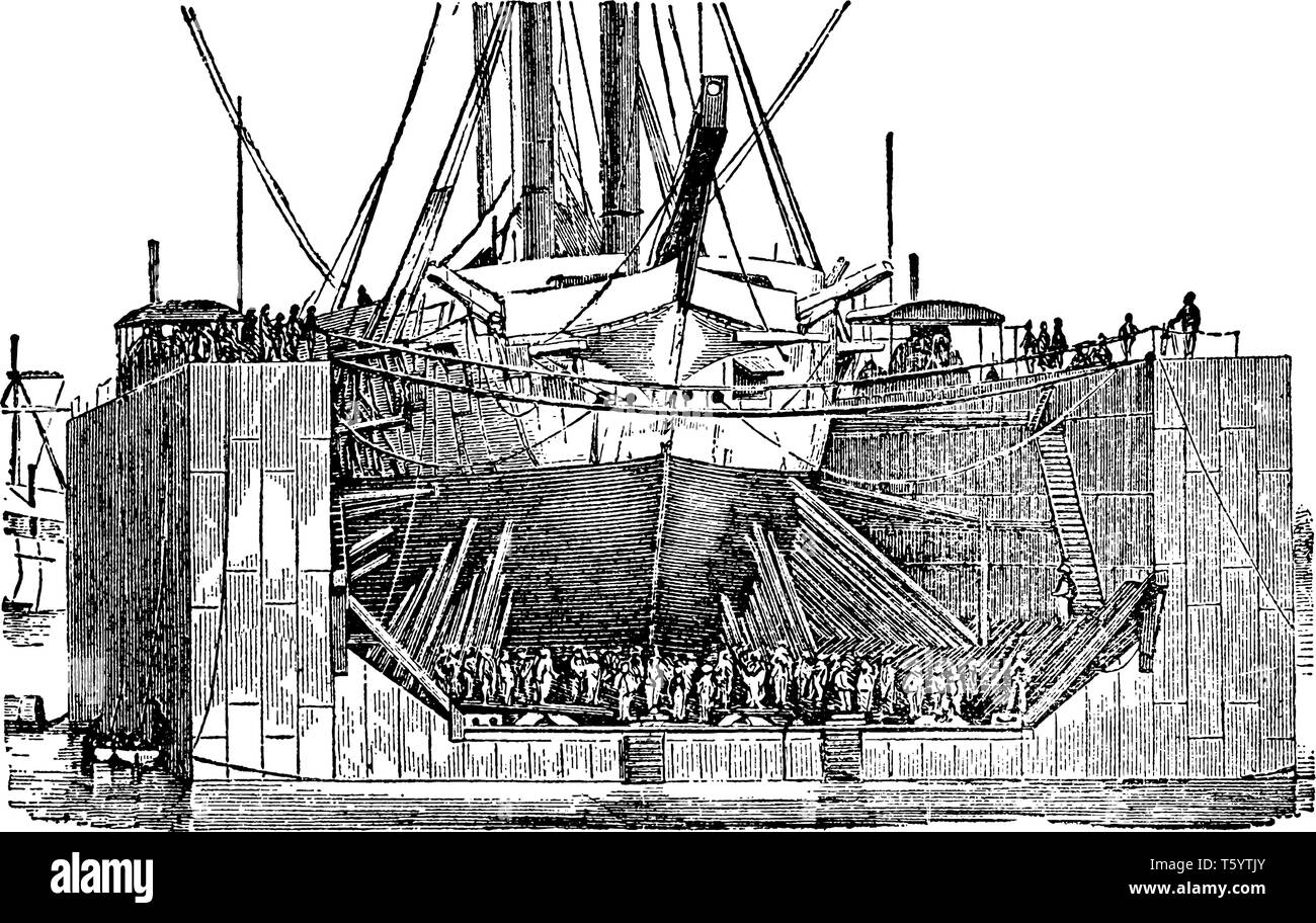 Pontile galleggiante è una piattaforma o una rampa supportato da galleggianti, vintage disegno della linea di incisione o illustrazione. Illustrazione Vettoriale