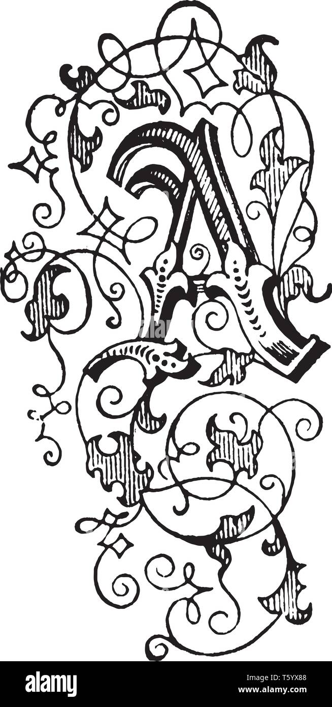 Una lettera A maiuscola con una decorazione floreale, vintage disegno della linea di incisione o illustrazione Illustrazione Vettoriale