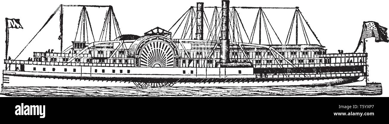 Fiume American Steamboat è una barca o una nave a propulsione a vapore agendo su piastre o su una vite, vintage disegno della linea di incisione o illustrazione Illustrazione Vettoriale