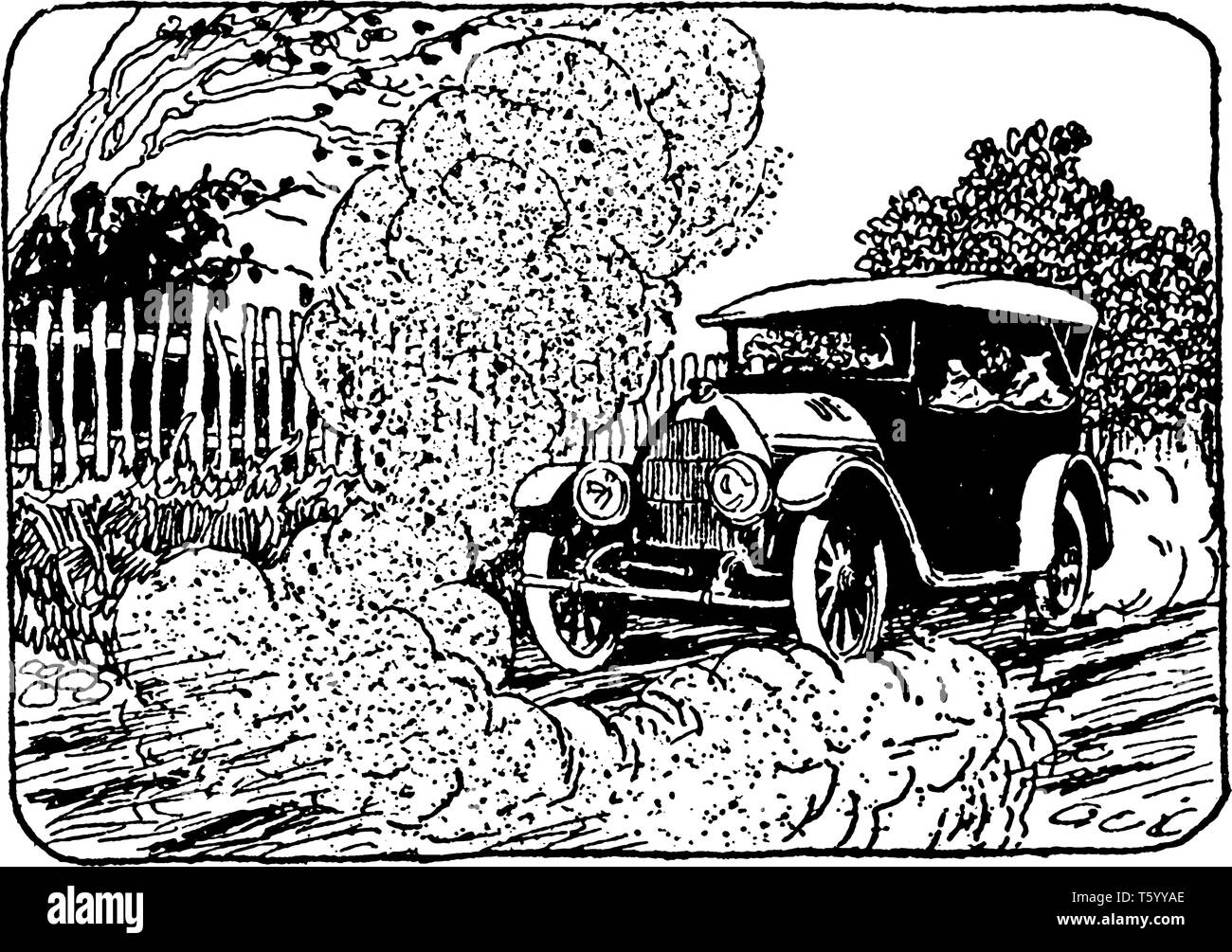 Questa immagine rappresenta auto su polverosi asciutti Street, vintage disegno della linea di incisione o illustrazione. Illustrazione Vettoriale