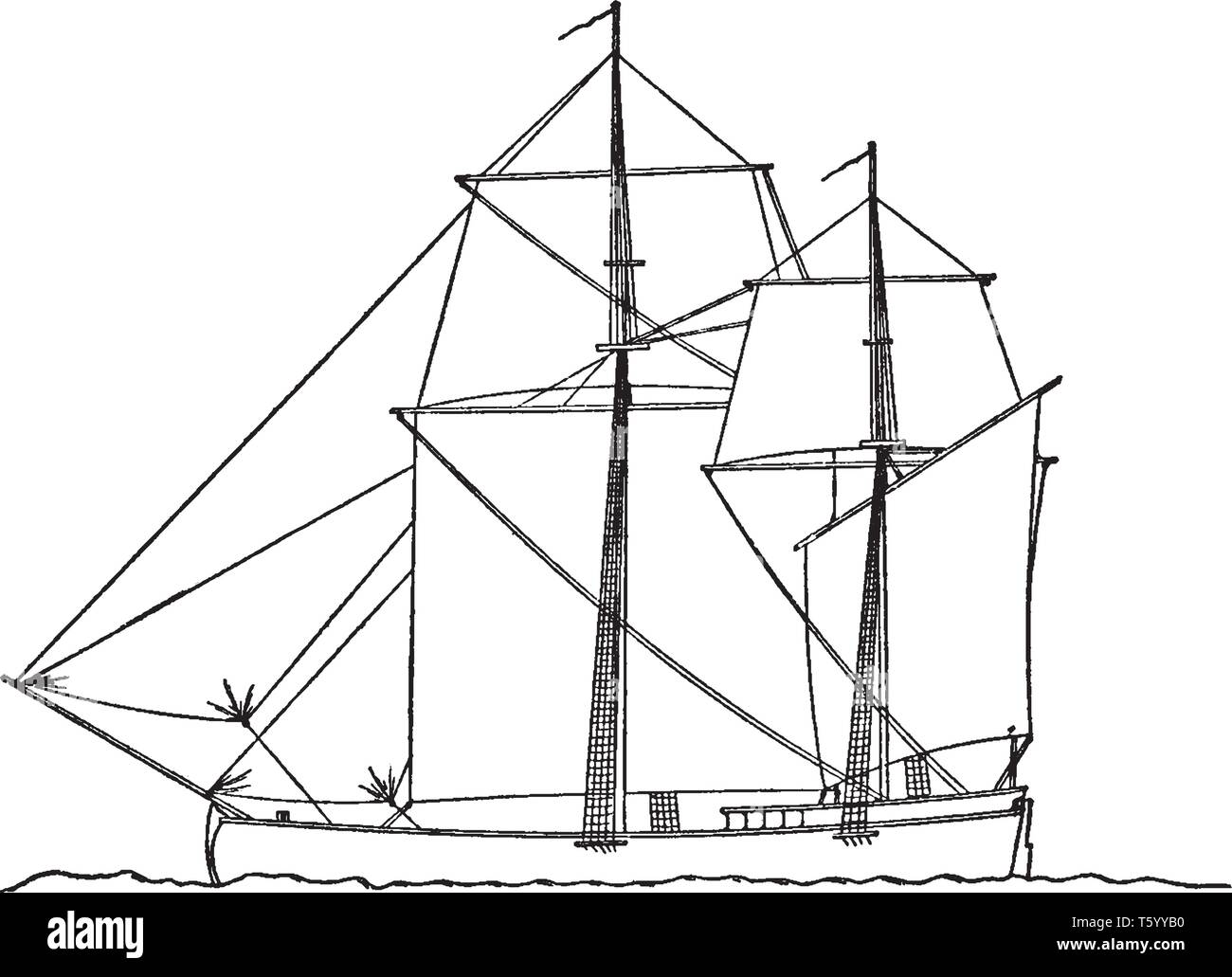 La pesca in barca a vela usato per la cattura di pesce in mare o su un lago o fiume, vintage disegno della linea di incisione o illustrazione. Illustrazione Vettoriale