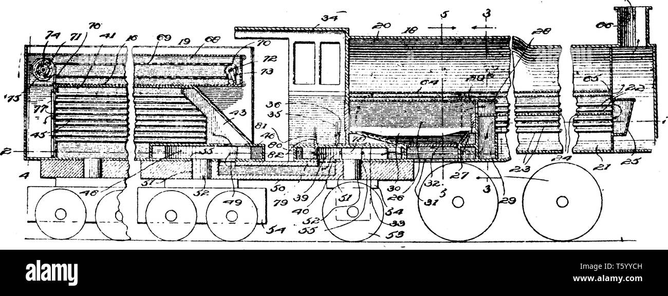 Locomotiva treno è una serie di connesse automobili della ferrovia tirato o spinto da uno o più locomotori, vintage disegno della linea di incisione o illustrazione. Illustrazione Vettoriale