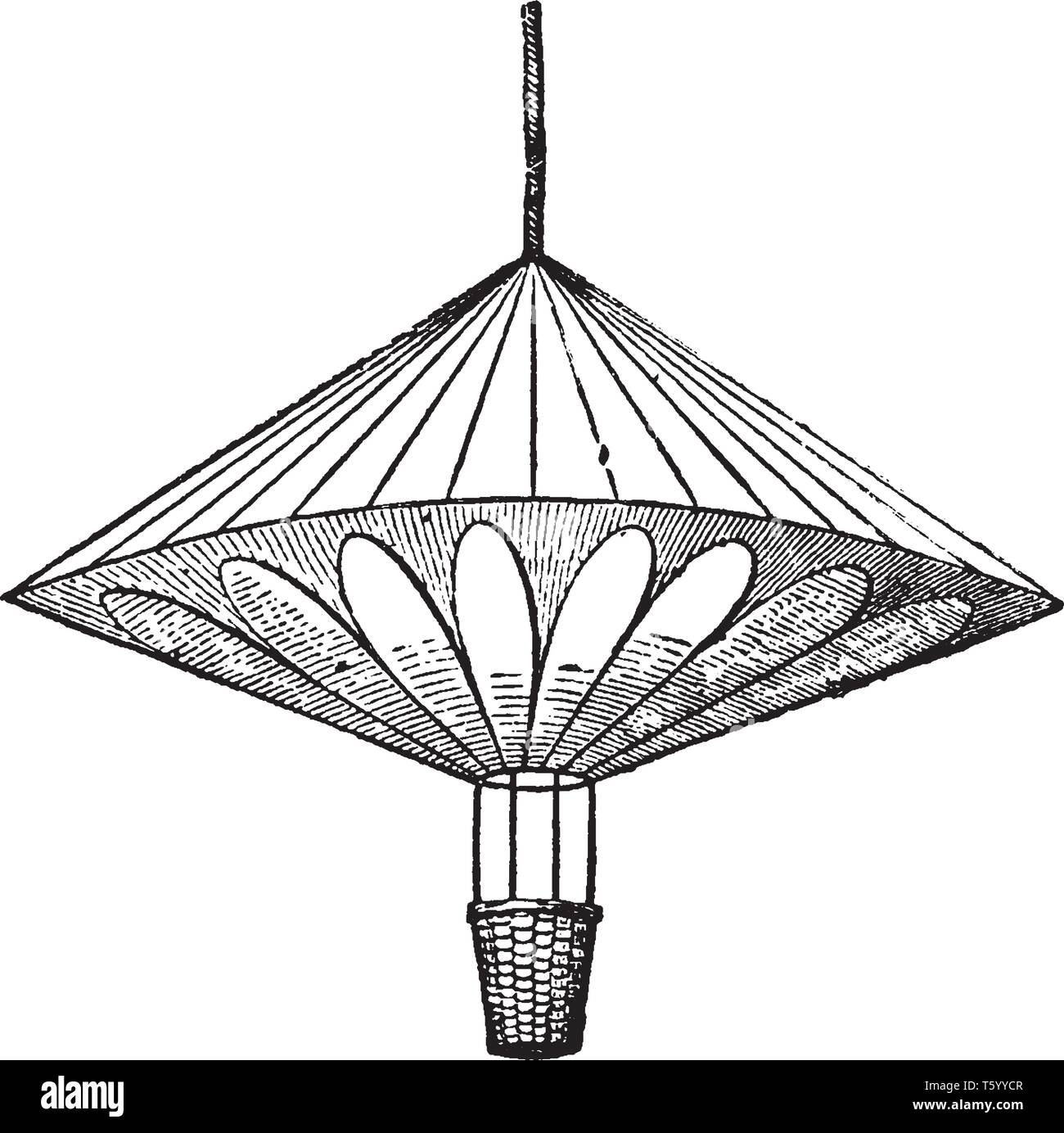 Paracadute di armamento non funzionava correttamente e ucciso il signor armamento quando egli era il test it out, vintage disegno della linea di incisione o illustrazione. Illustrazione Vettoriale