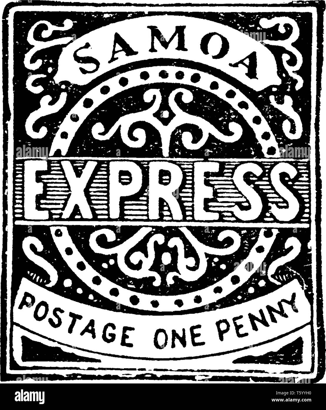 Questa immagine rappresenta Samoa un penny timbro dal 1877 al 1882, vintage disegno della linea di incisione o illustrazione. Illustrazione Vettoriale