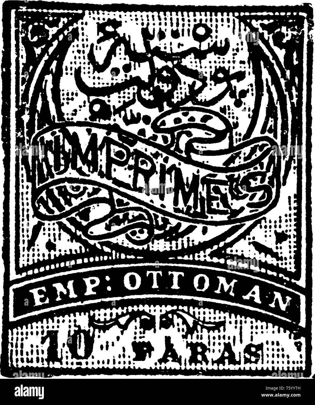 Questa immagine rappresenta la Turchia 10 capoversi stampati timbro nel 1879, vintage disegno della linea di incisione o illustrazione. Illustrazione Vettoriale
