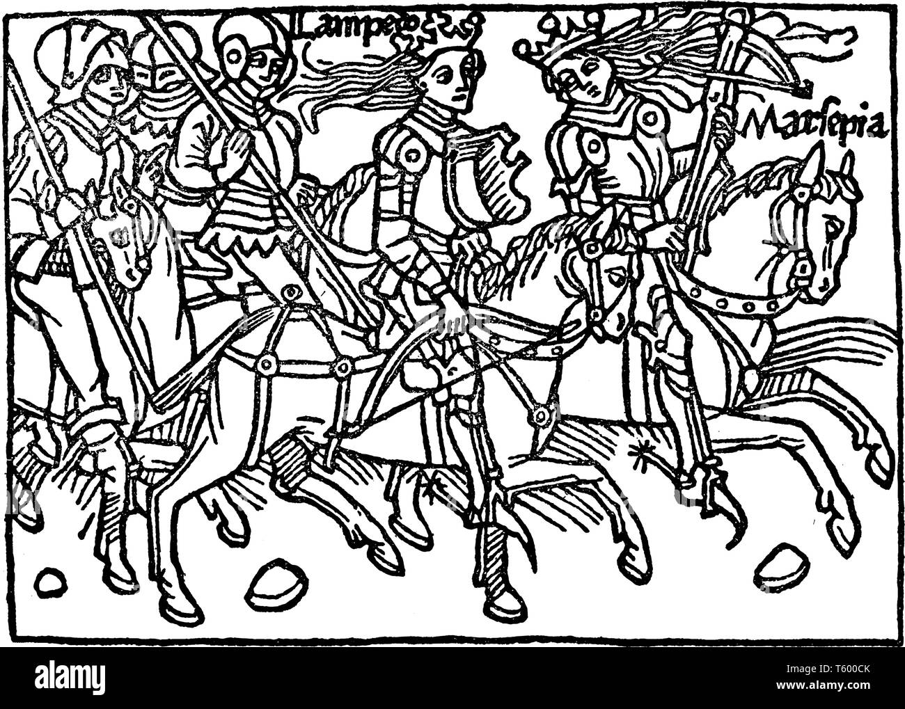 Un gruppo di uomini a cavallo su cavalli, vintage disegno della linea di incisione o illustrazione Illustrazione Vettoriale