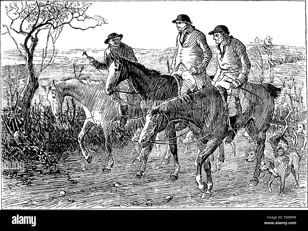 Tre uomini a cavallo su cavalli, vintage disegno della linea di incisione o illustrazione Illustrazione Vettoriale