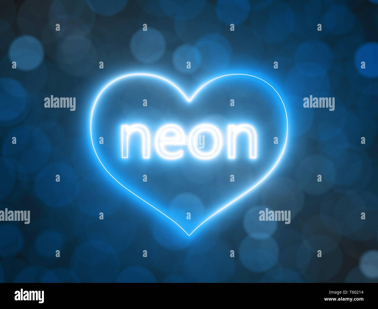 Neon incandescente cuore con sfocato sfondo bokeh di fondo. 3d illustrazione Foto Stock