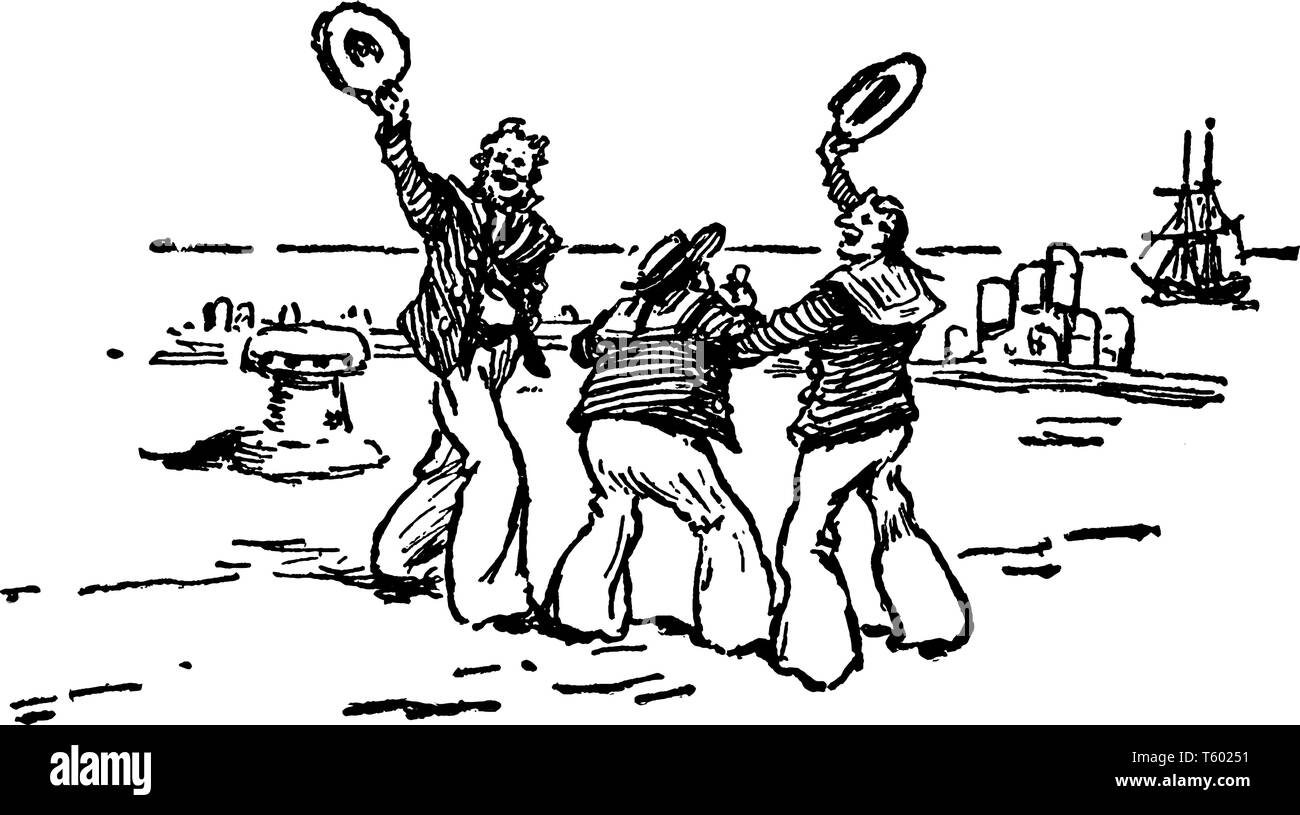 Tre marinai sventolando i loro cappelli mentre i bracci ad incastro, vintage disegno della linea di incisione o illustrazione Illustrazione Vettoriale