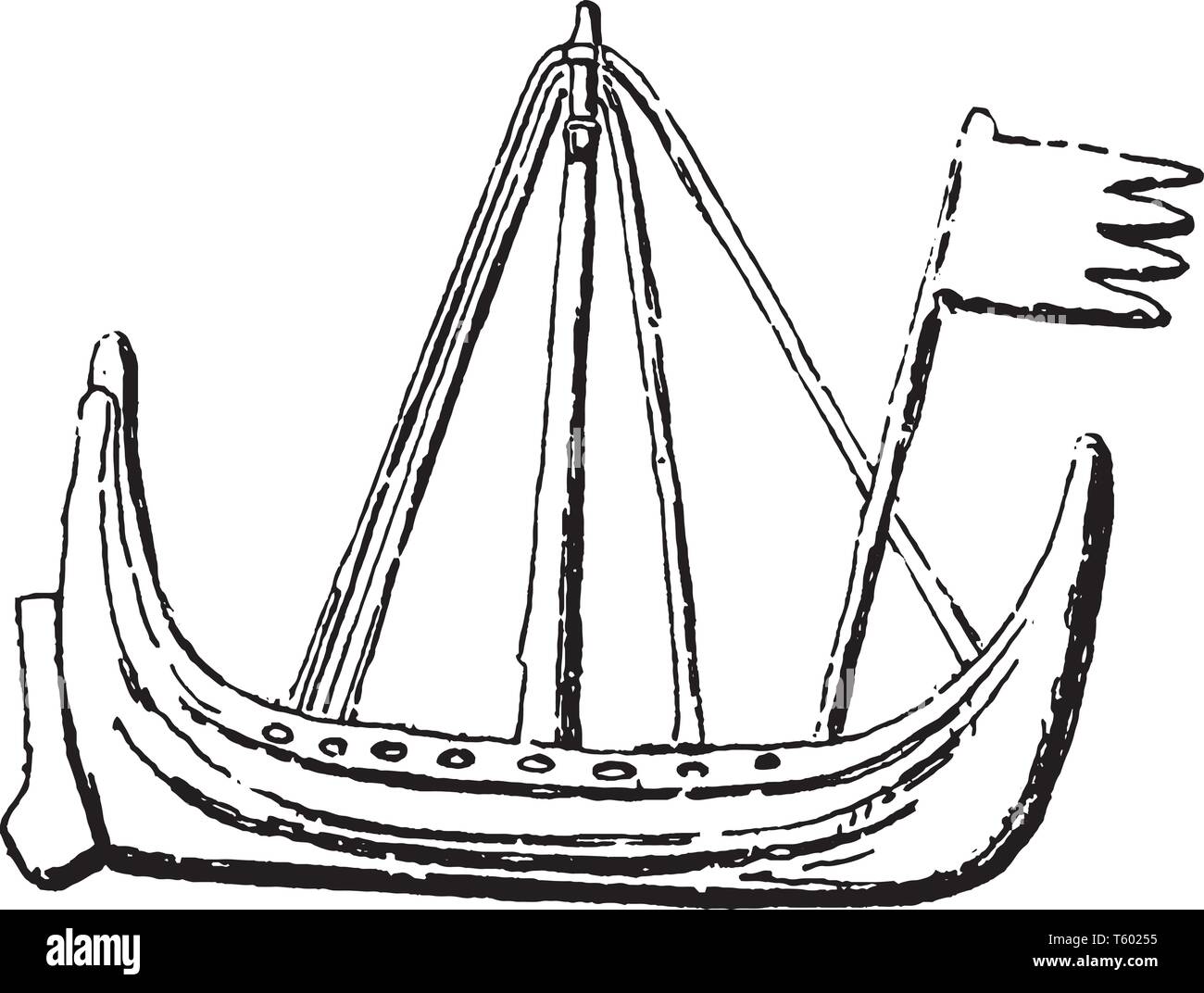 Barca danese o Chiule assurdo lungo litorale è infilate con una collana di porti e scali, vintage disegno della linea di incisione o illustrazione. Illustrazione Vettoriale