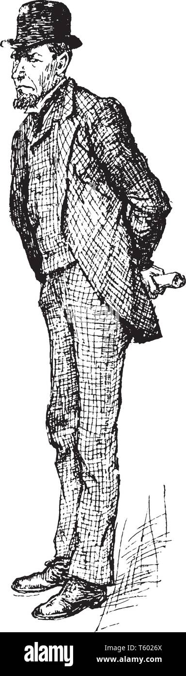 Un uomo ben vestito vestiti con il cappello sulla testa, vintage disegno della linea di incisione o illustrazione Illustrazione Vettoriale