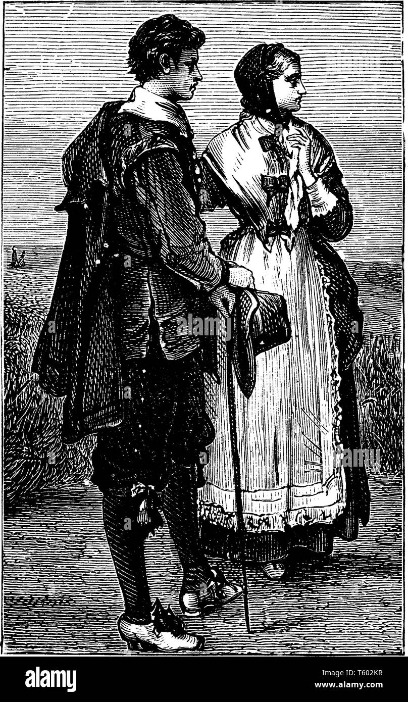 Puritan costumi che era religioso movimento di riforma che è nata in seno alla chiesa di Inghilterra nel tardo XVI secolo, vintage di linea o di disegno Illustrazione Vettoriale