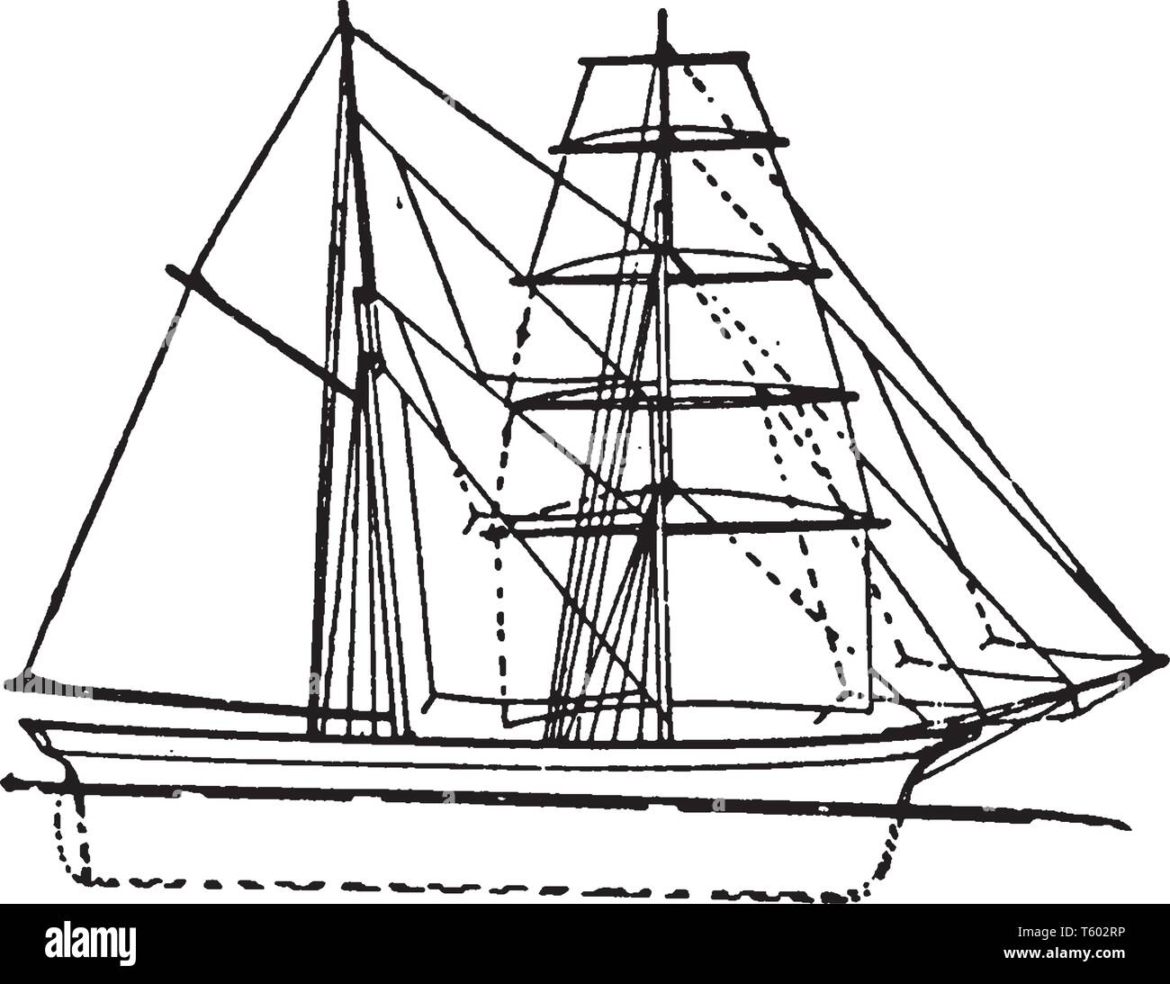 Brigantino era un due masted sailing vessel con una piazza completamente foremast truccate, vintage disegno della linea di incisione o illustrazione. Illustrazione Vettoriale
