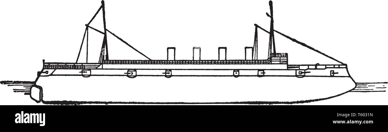 Il Columbia è un US Navy cruiser, vintage disegno della linea di incisione o illustrazione. Illustrazione Vettoriale