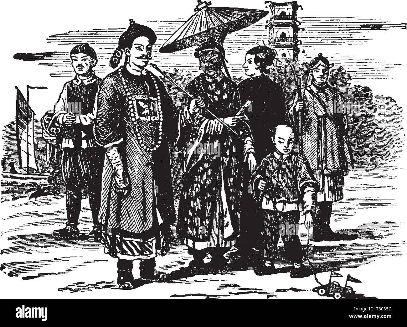 Popolo della Cina sono i vari individui o gruppi di persone associate con la Cina, vintage disegno della linea di incisione o illustrazione. Illustrazione Vettoriale